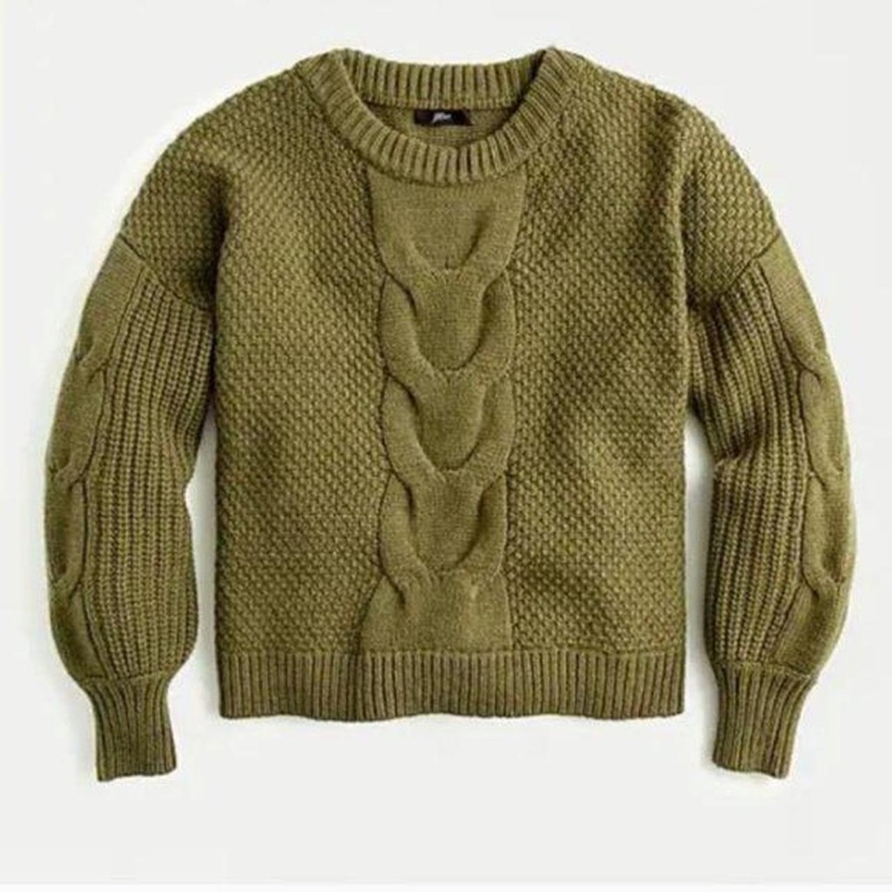 J. Crew Cable-knit Balloon Sleeve Sweater in Olive Green Size XS